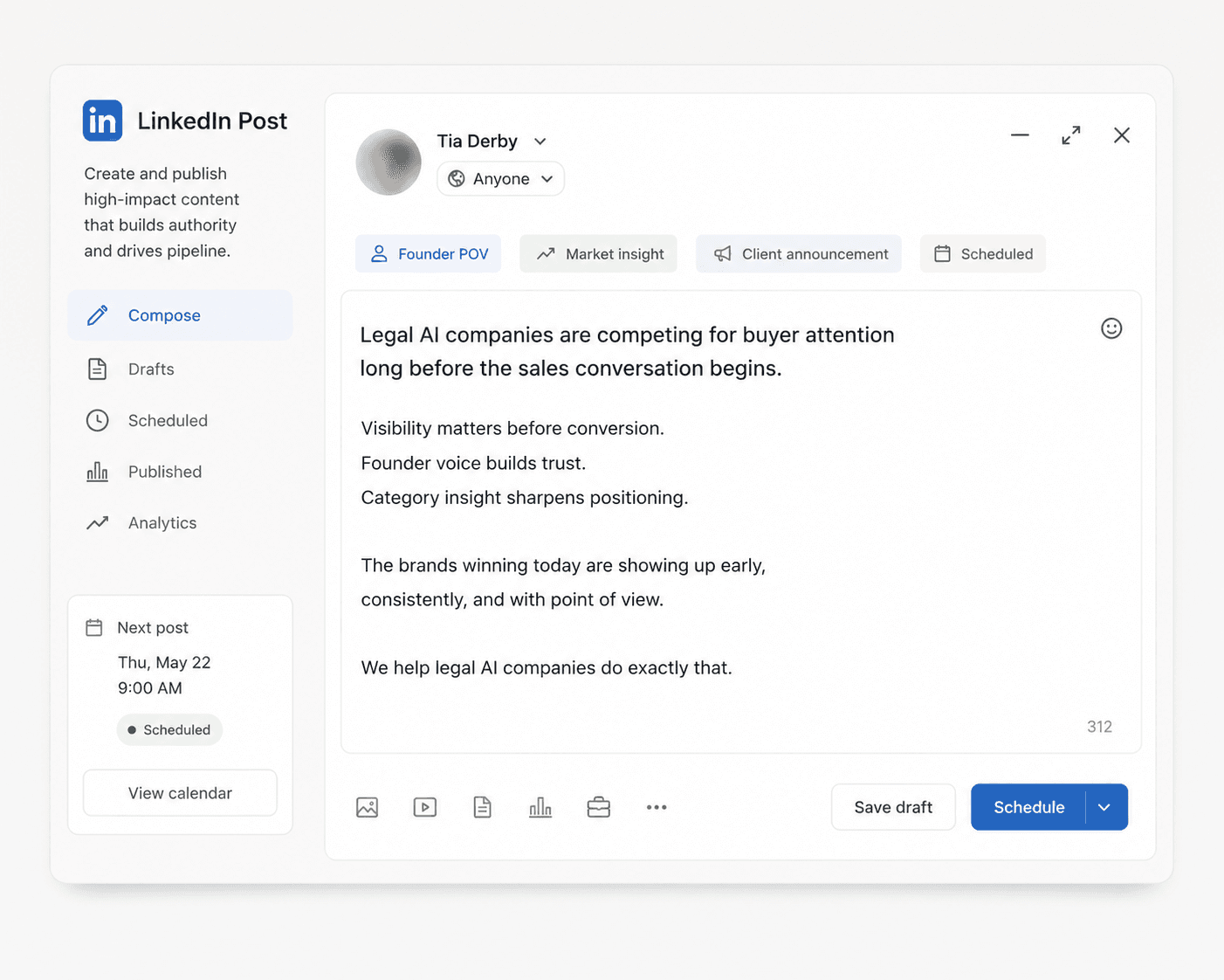 LinkedIn post publishing interface for campaign execution